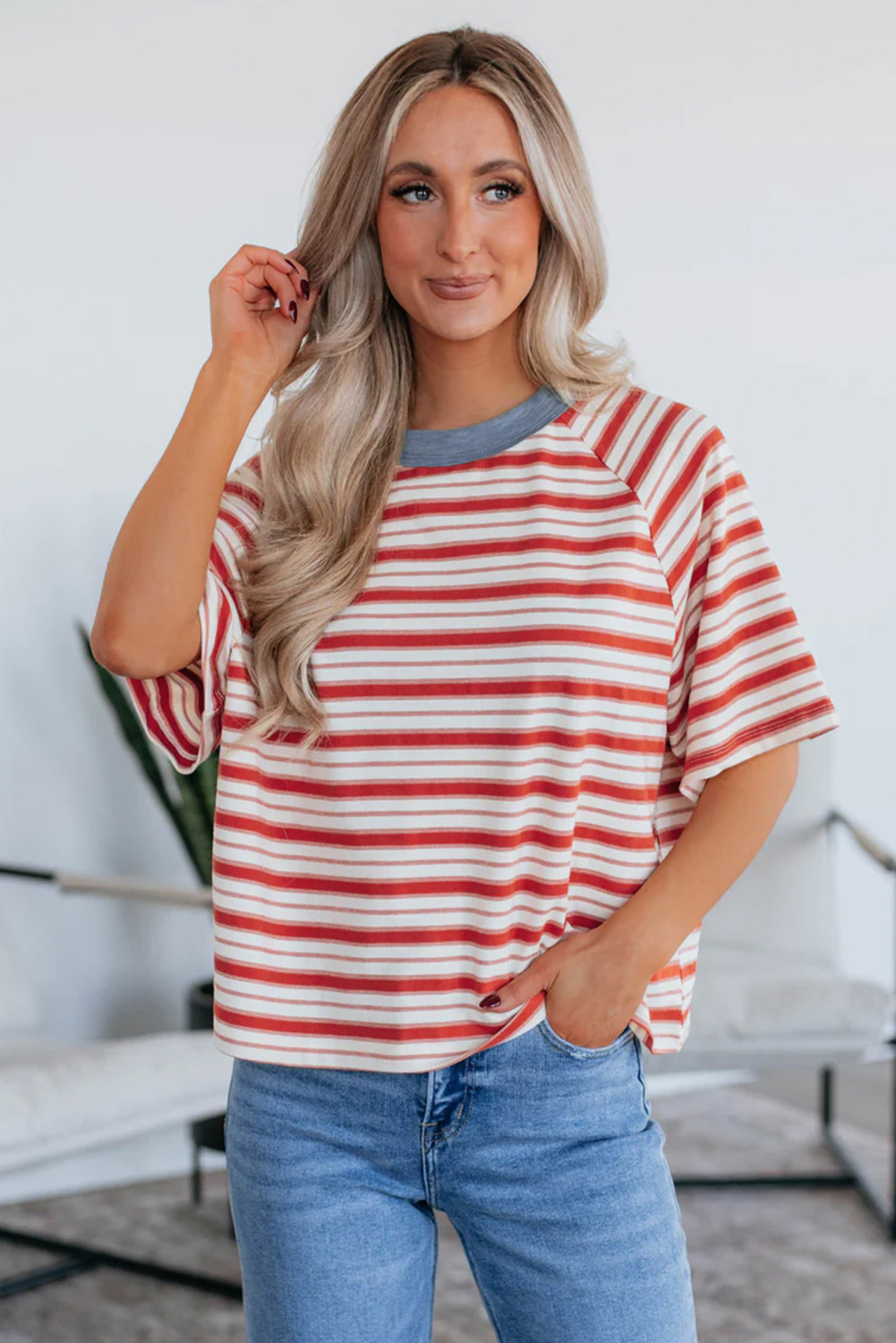 Tomato Red Stripe Print Contrast Collar Raglan Sleeve T Shirt - loveforevers