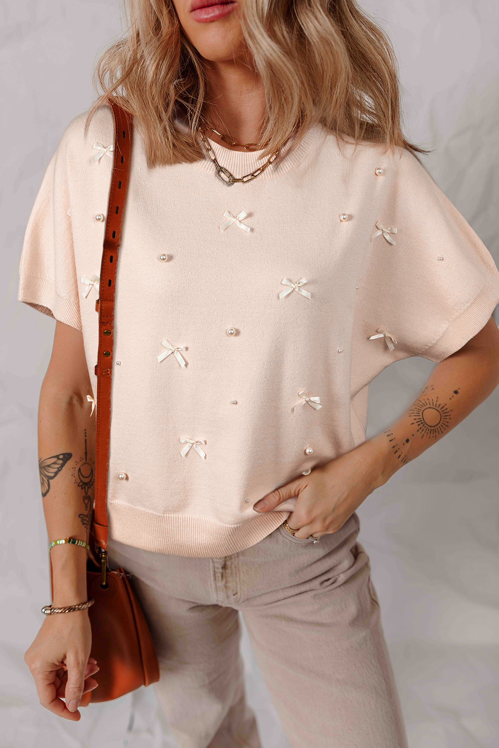 Oatmeal Pearl Bow Embellished Dolman Short Sleeve Sweater - loveforevers