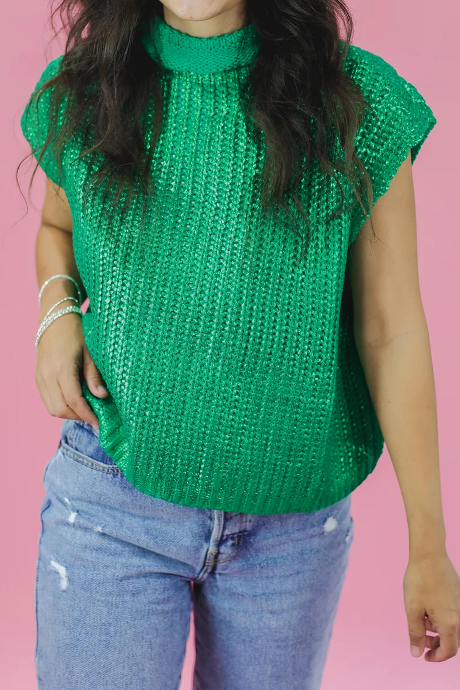 Bright Green Solid Color Knit High Neck Short Sleeve Sweater - loveforevers