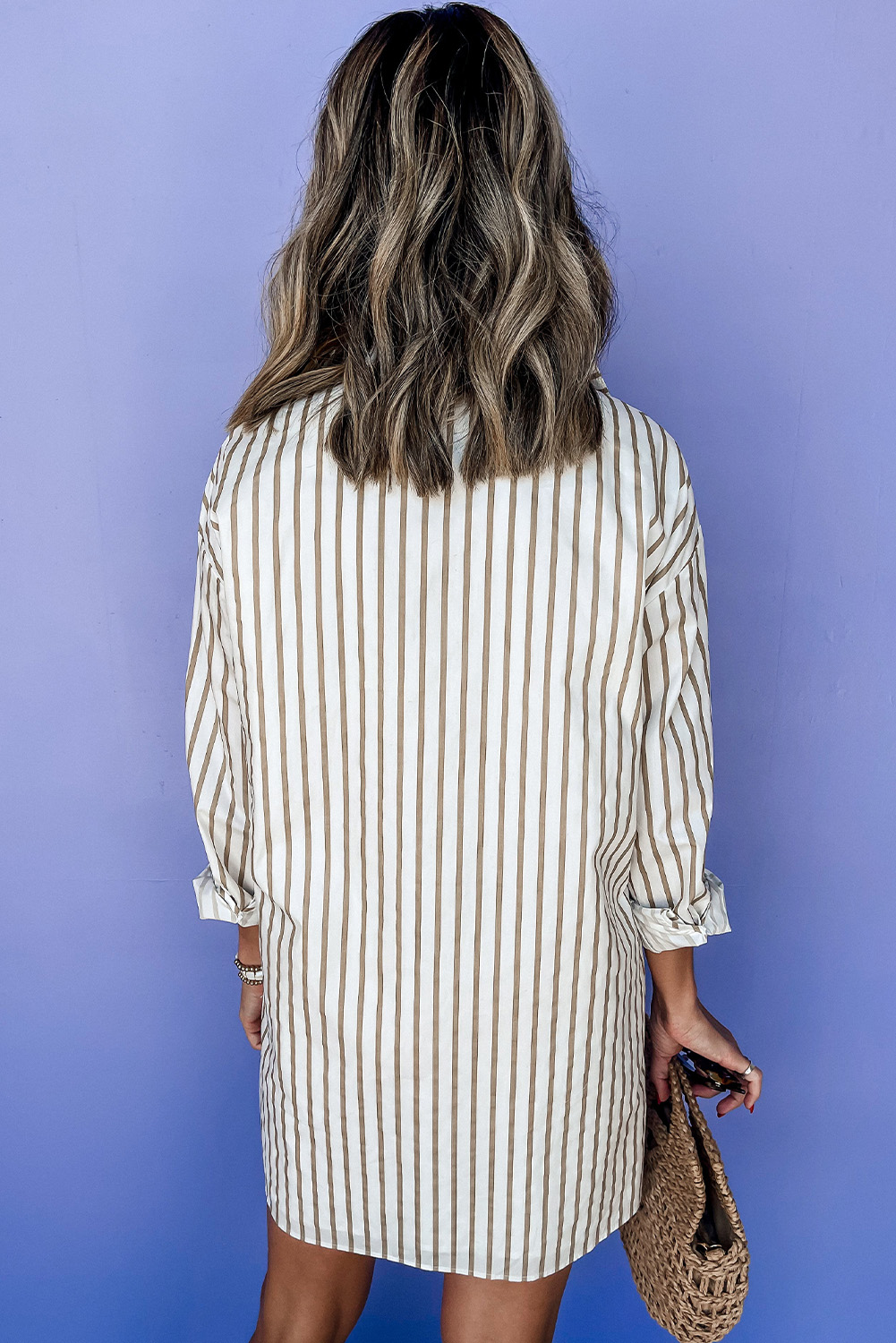Khaki Stripe Long Sleeve Button Up Mini Shirt Dress - loveforevers
