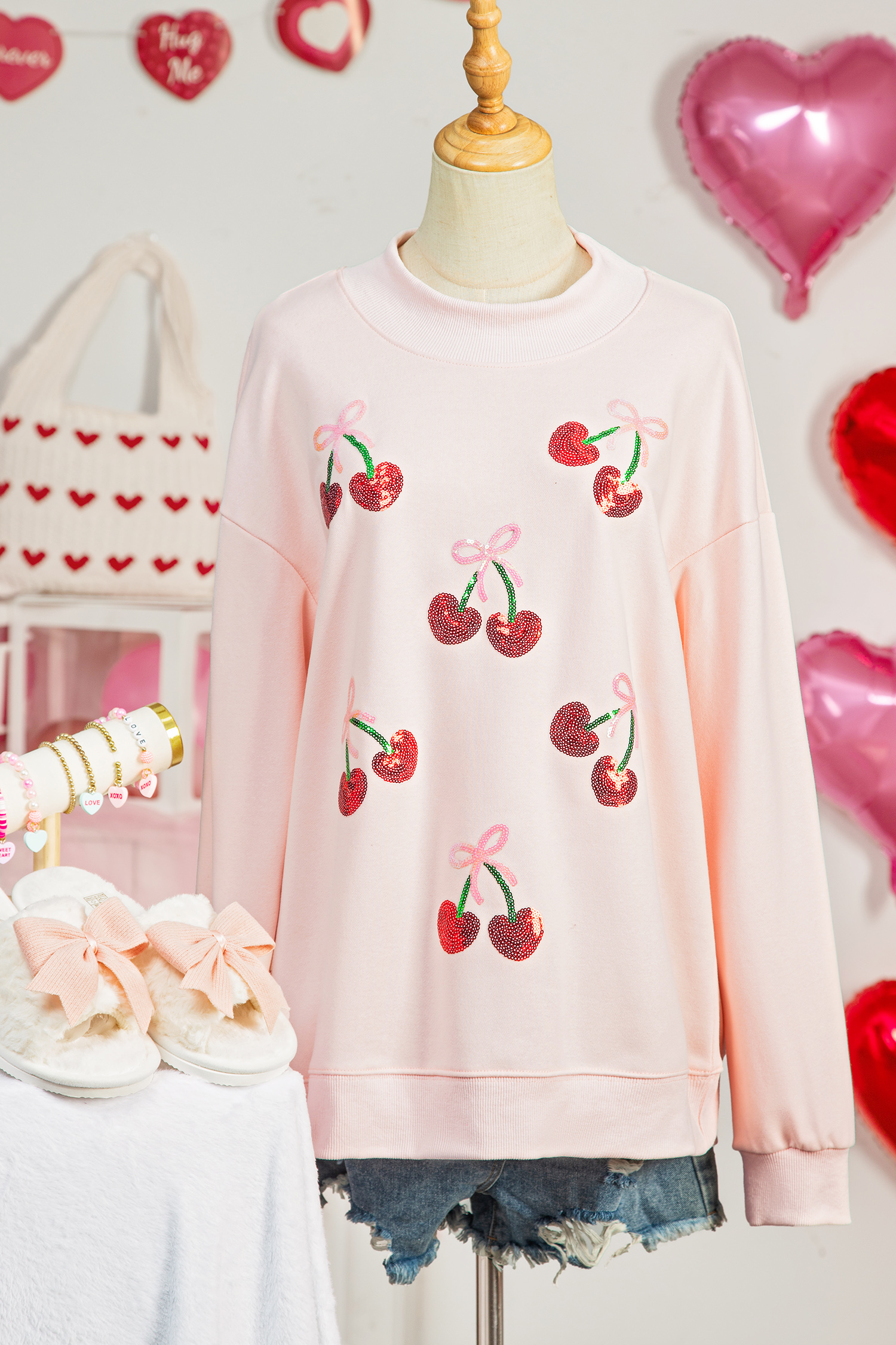 Apricot Pink Cowgirl Element Embroidered Detail Mock Neck Sweatshirt - loveforevers