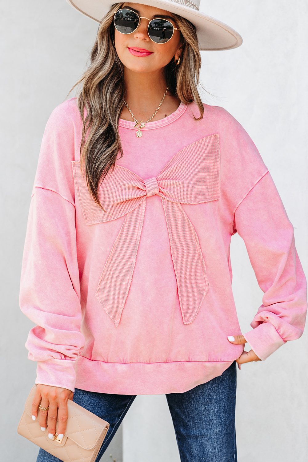 Bright Pink Mineral Wash Big Bow Patchwork Pullover Sweatshirt - loveforevers