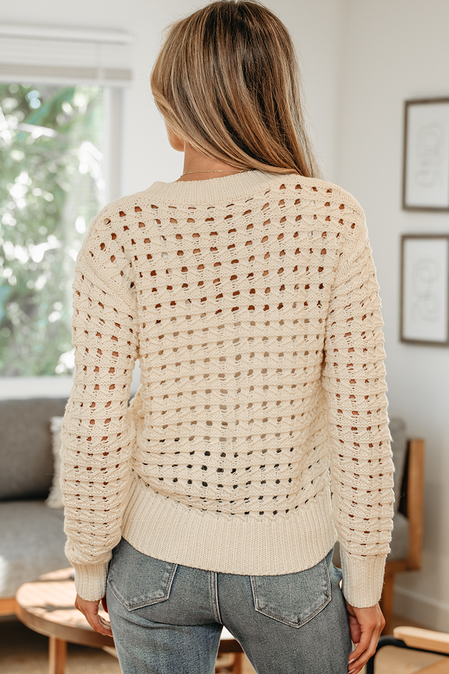 Beige Hollowed Pattern Knit Zip Up Drop Shoulder Sweater Cardigan - loveforevers