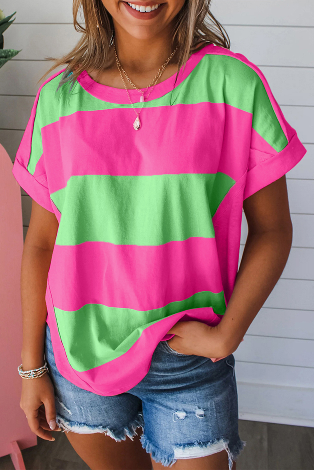 Green Colorblock Rounded Hem Loose T Shirt - loveforevers