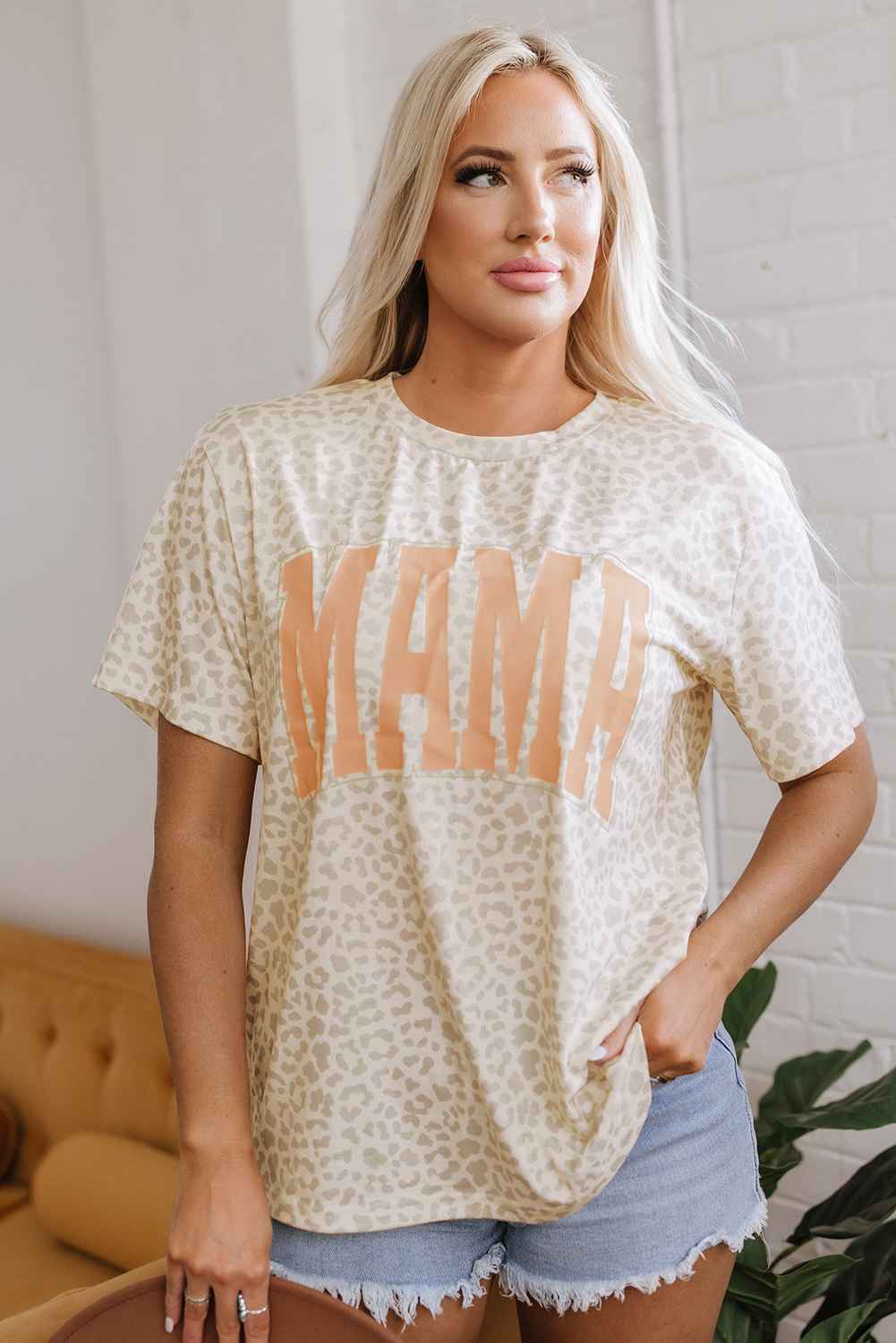 Yellow MAMA Letter Graphic Leopard Loose Tee - loveforevers
