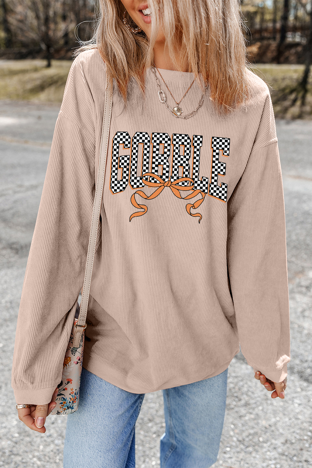 Apricot Twisted Ribbed Texture Checkered GOBBLE Bow Print Baggy Sweatshirt - loveforevers