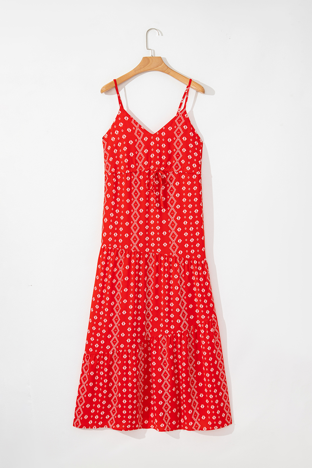 Red Boho Fashion Print Spaghetti Straps Drawstring Maxi Dress - loveforevers