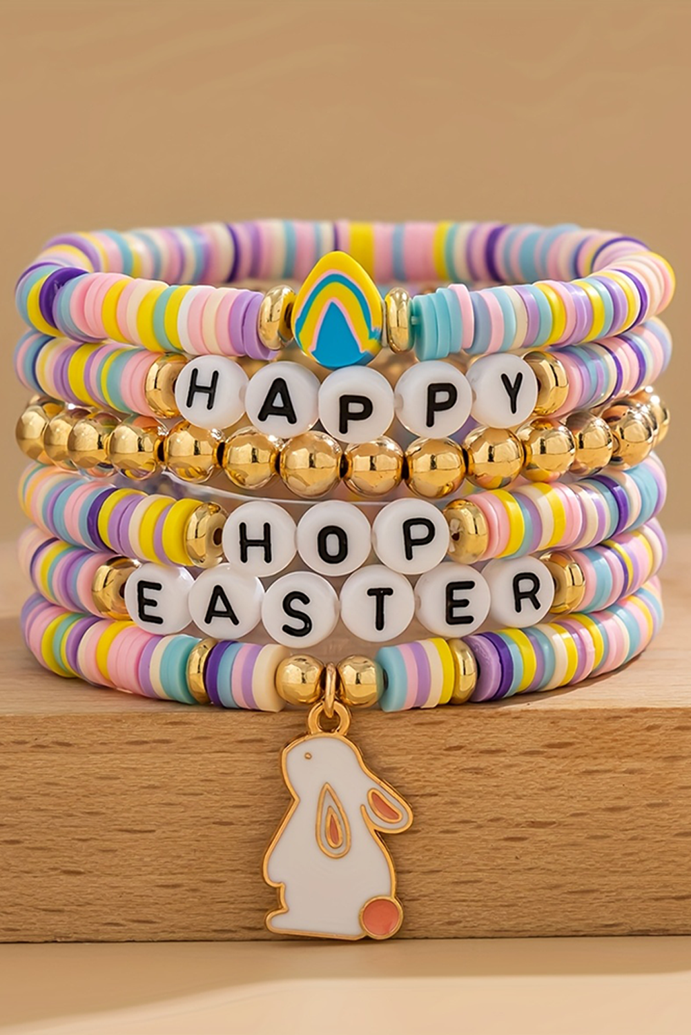 Gold Happy Easter Letter Beaded Elastic Multi Layer Bracelet - loveforevers
