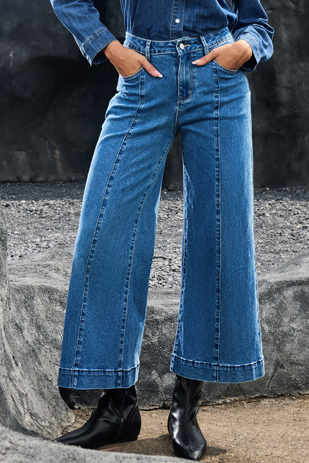 Black Plain Seam Detail Flared Bottom Ankle Length Jeans - loveforevers