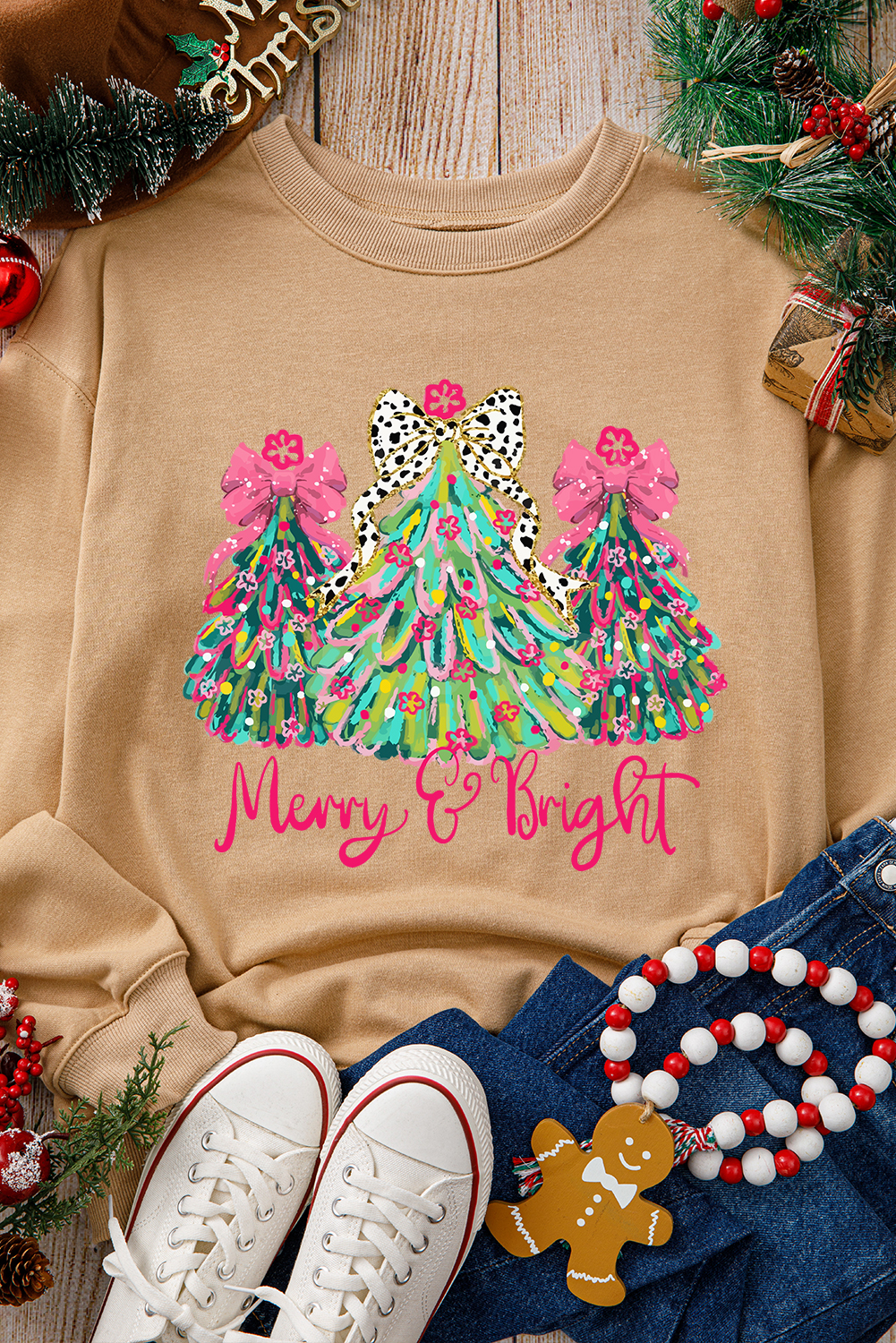 Khaki Merry & Bright Christmas Tree Print Pullover Sweatshirt - loveforevers