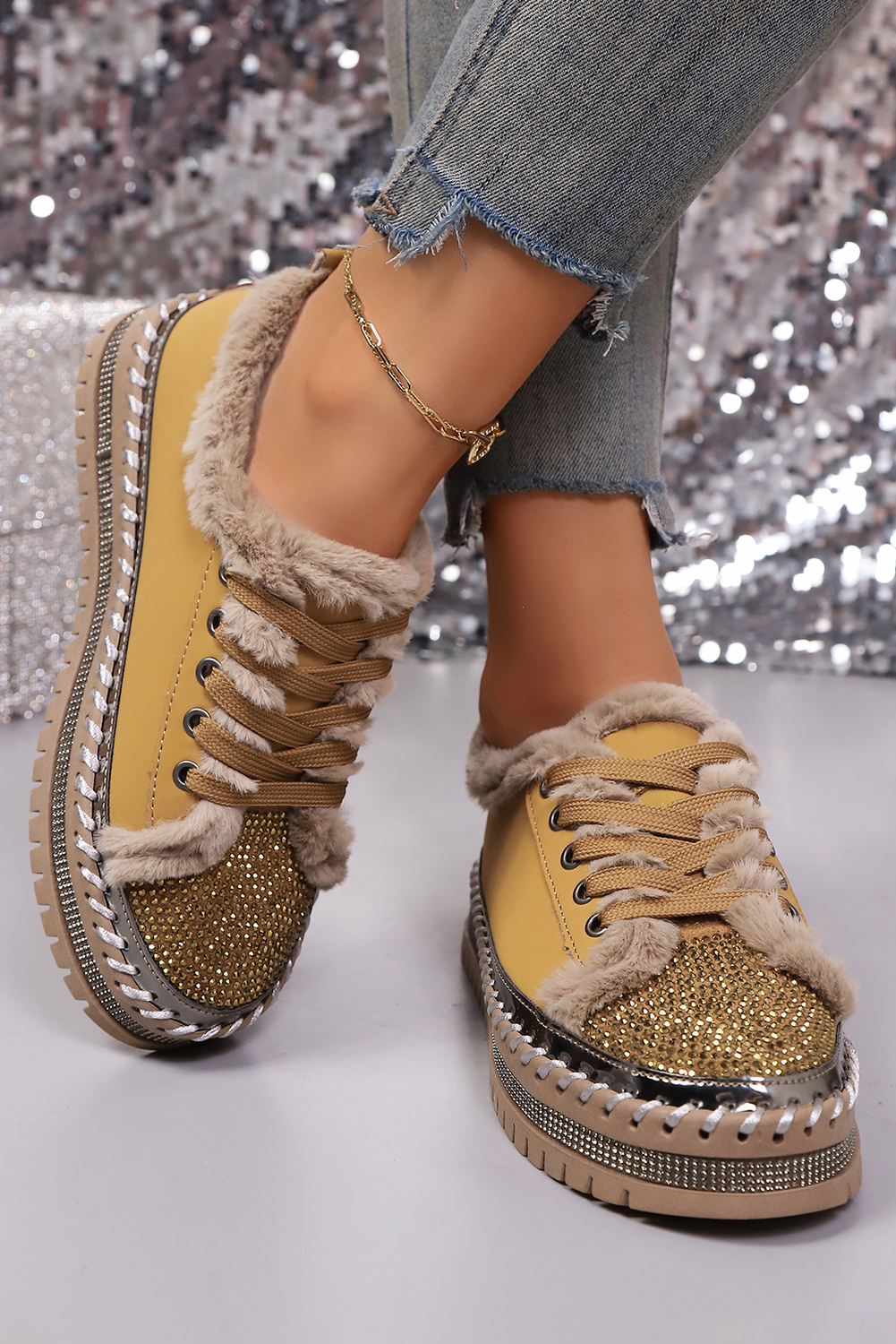 Thai Curry Rhinestone Embellished Faux Fur Lining Lace-Up Flat Shoes - loveforevers