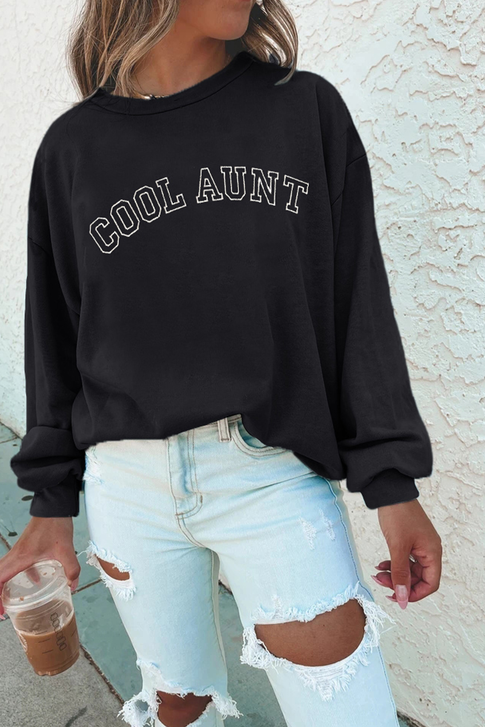 Black COOL AUNT Embroidered Letter Graphic Sweatshirt - loveforevers