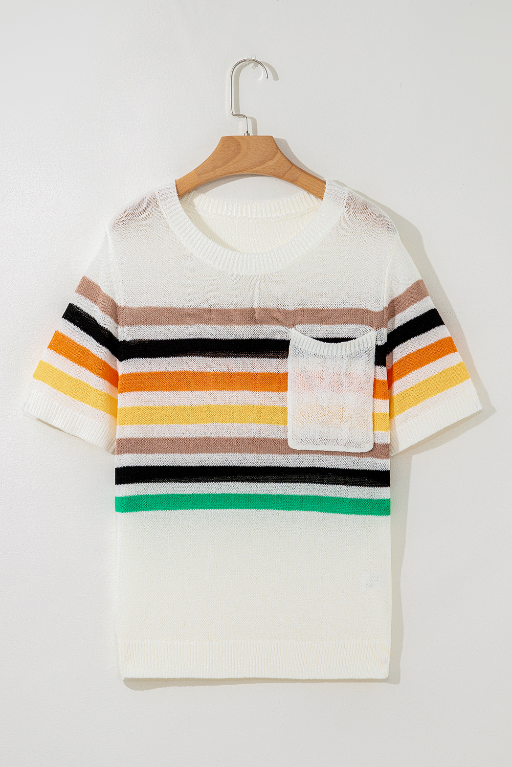 White Striped Pocketed Loose Fit Crewneck Knitted T Shirt - loveforevers
