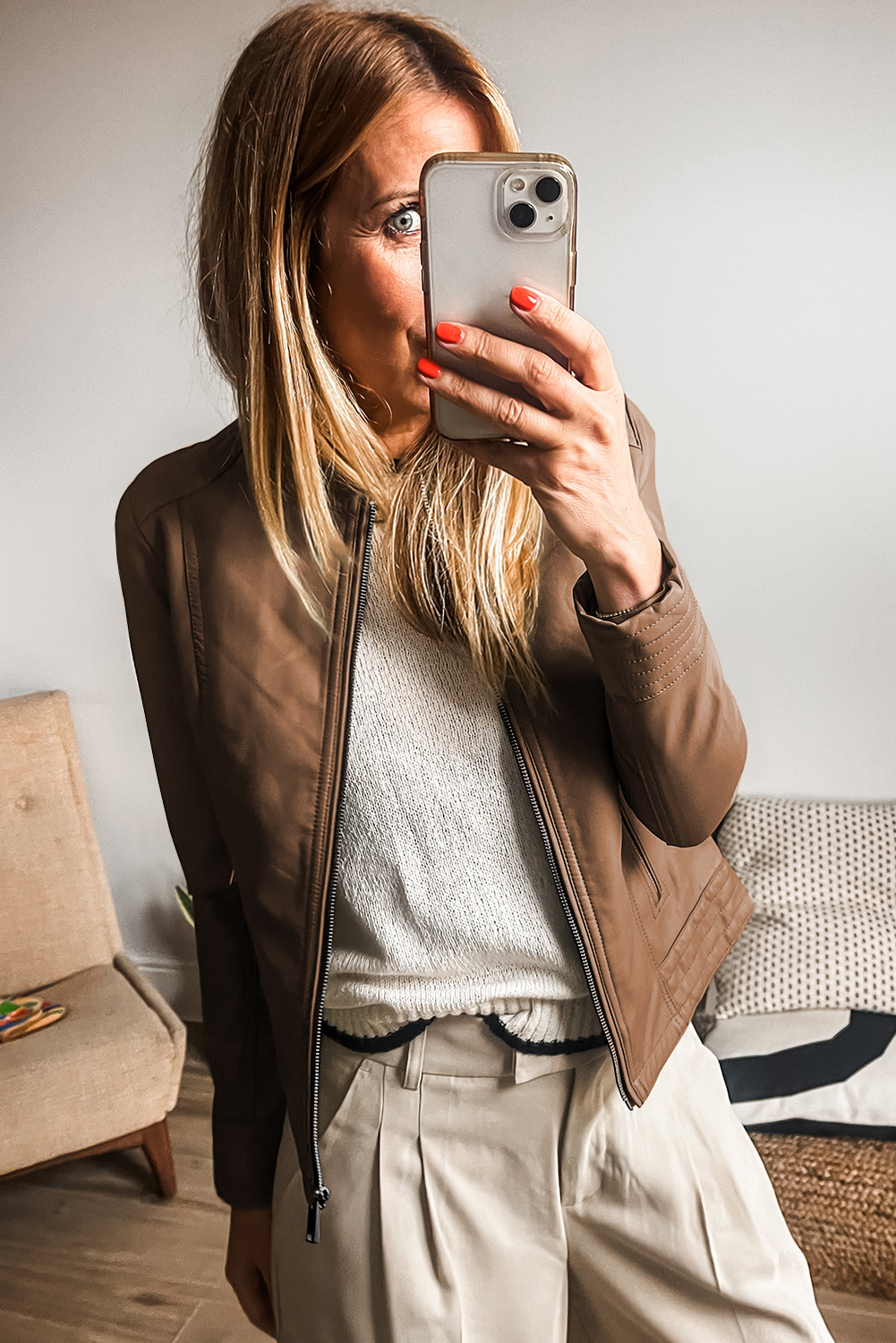 Chestnut Solid Faux Leather Zipper Slim Fit Bomber Jacket - loveforevers