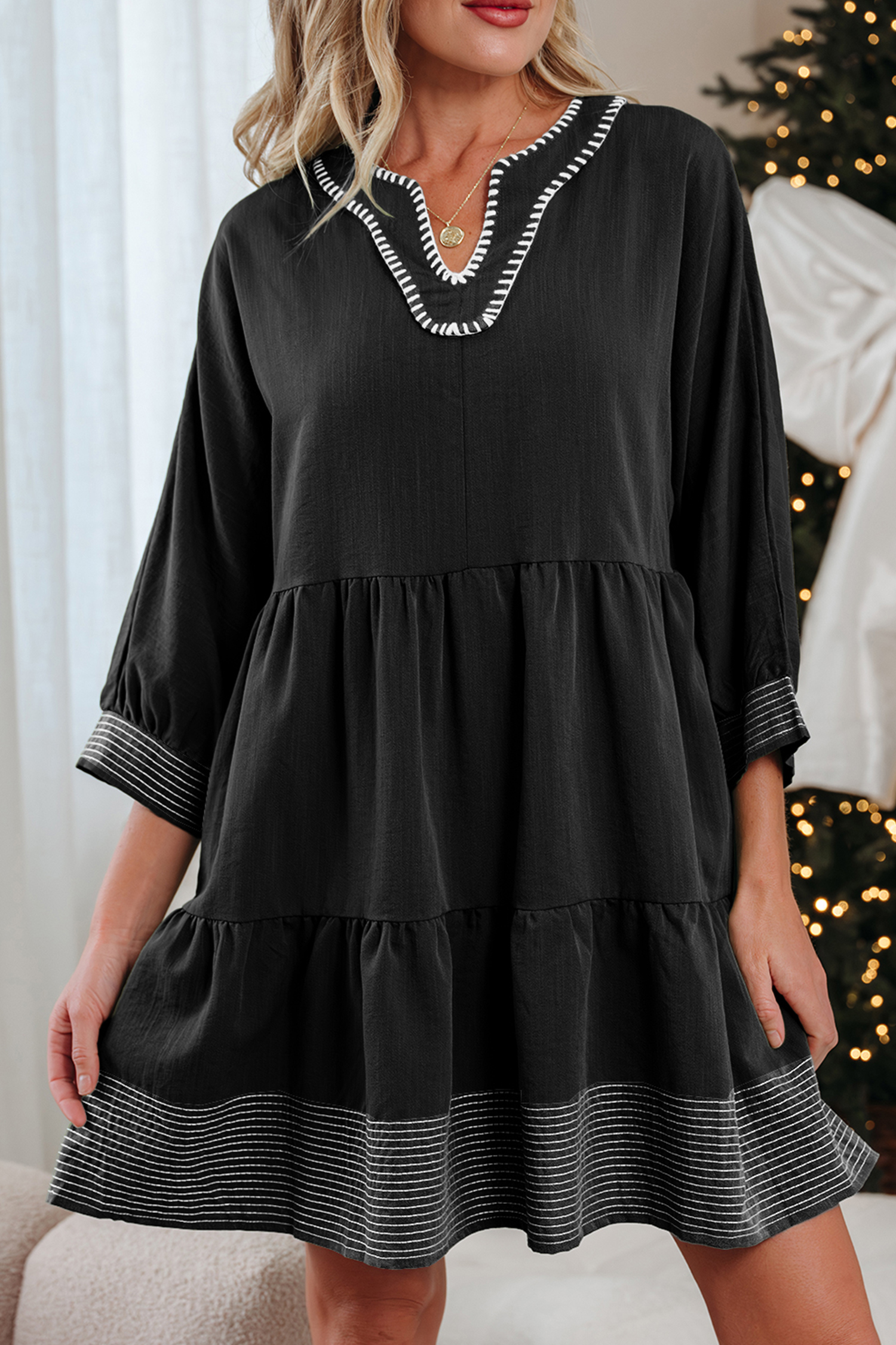 Black Contrast Stitched V Neck 3/4 Sleeve Tiered Mini Dress - loveforevers