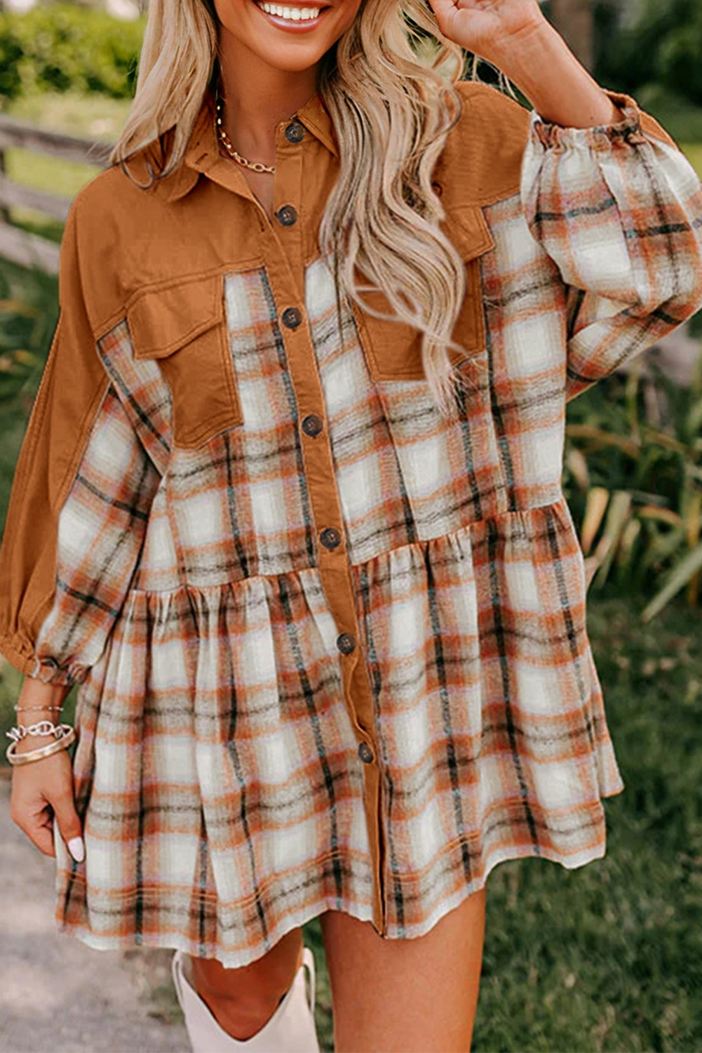 Khaki Plaid Color Block Patchwork Ruffle Hem Tunic Shirt Dress - loveforevers