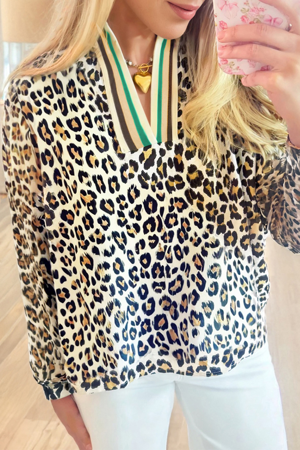Khaki Leopard Print Contrast Striped V Neck Blouse - loveforevers