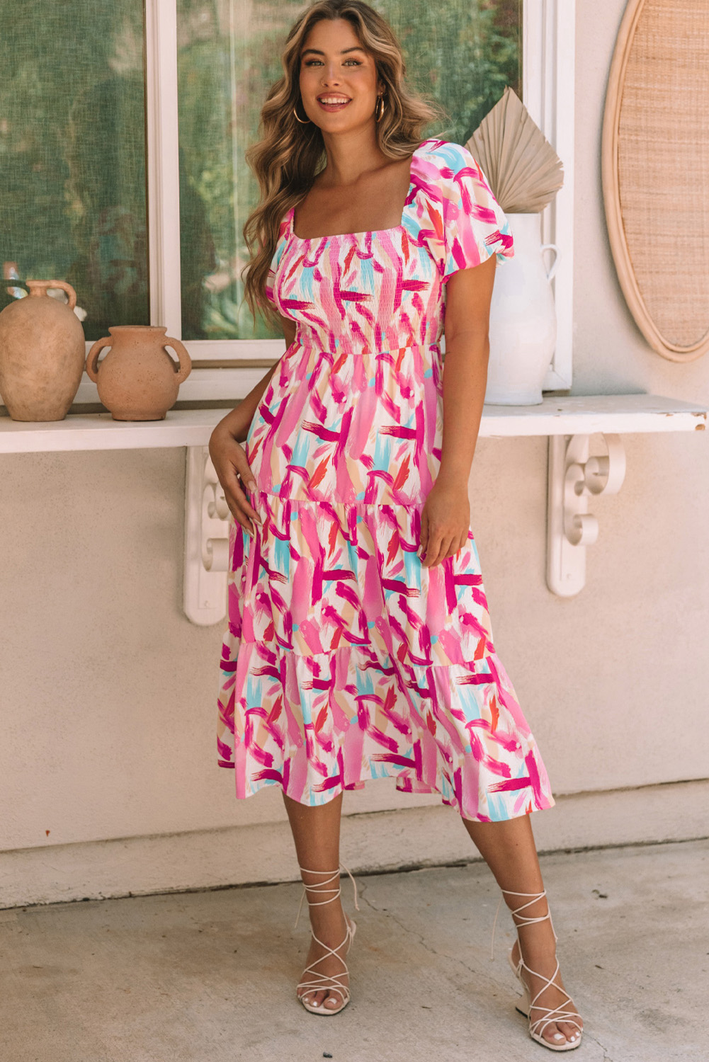Pink Brush Stroke Printed Smocked Ruffle Tiered Dress - loveforevers