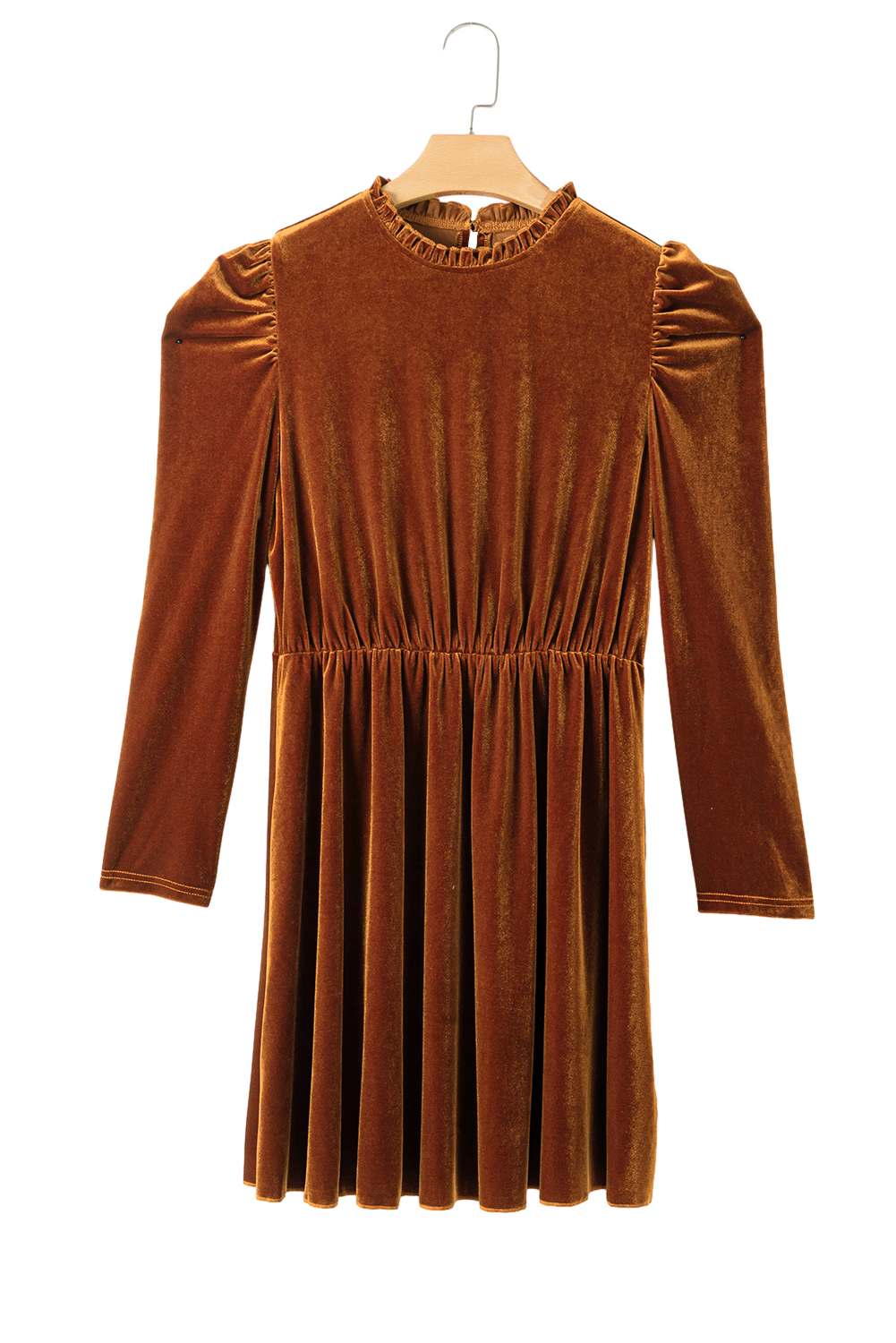 Chestnut Velvet Frilled Neck Gigot Sleeve Swing Dress - loveforevers