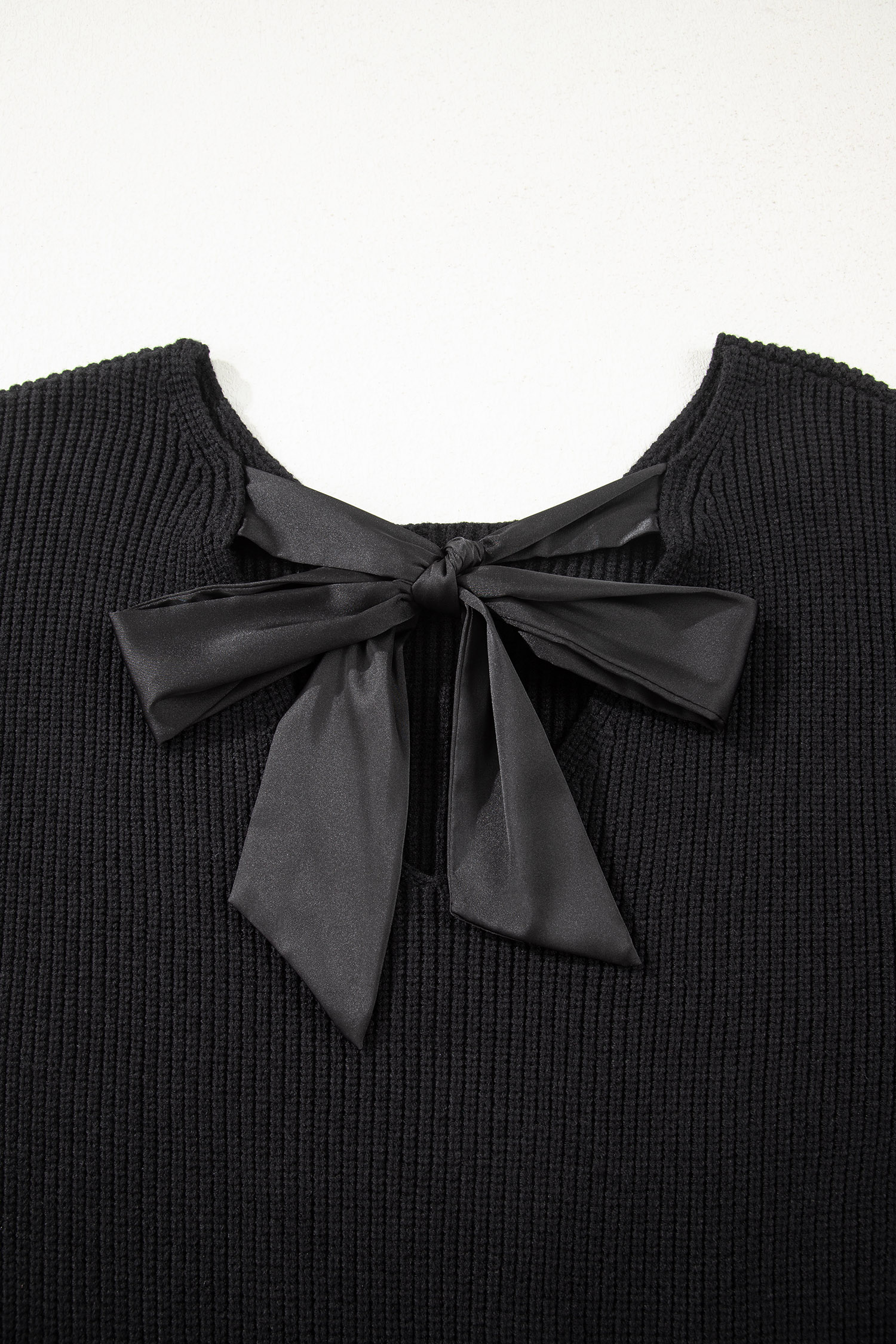 Black Ribbed Knit Ribbon Knot Backless Drop Shoulder Sweater - loveforevers