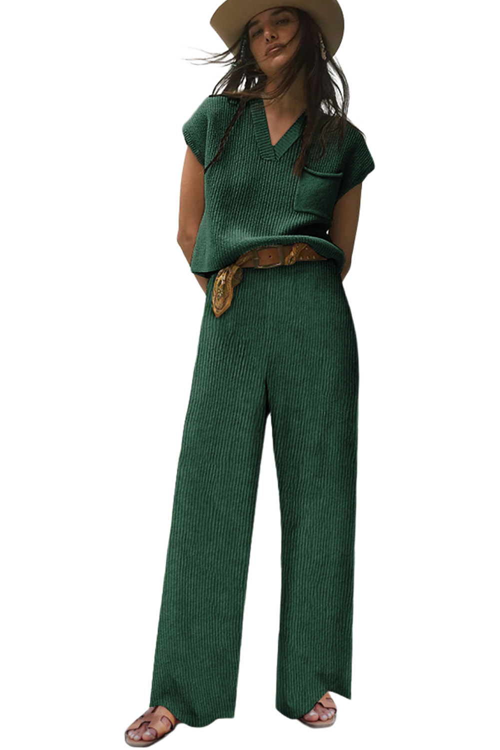 Green Knitted V Neck Sweater and Casual Pants Set - loveforevers