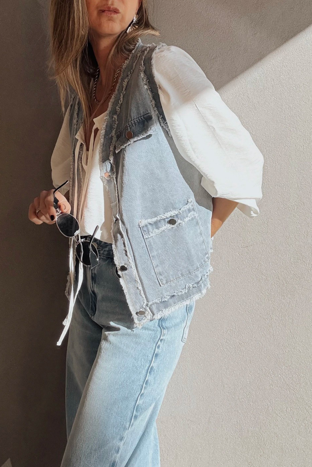 Beau Blue Frayed Edge Flap Pockets Denim Vest Jacket - loveforevers