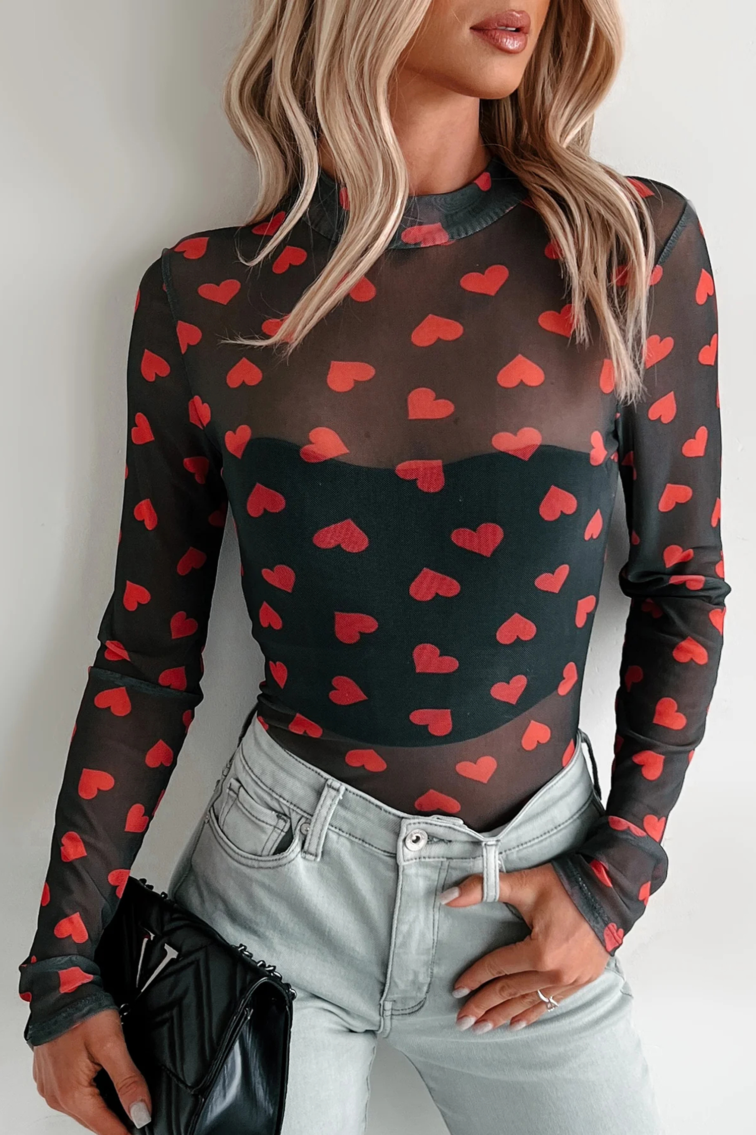 Black Valentines Heart Printed Sheer Mesh Long Sleeve Top - loveforevers