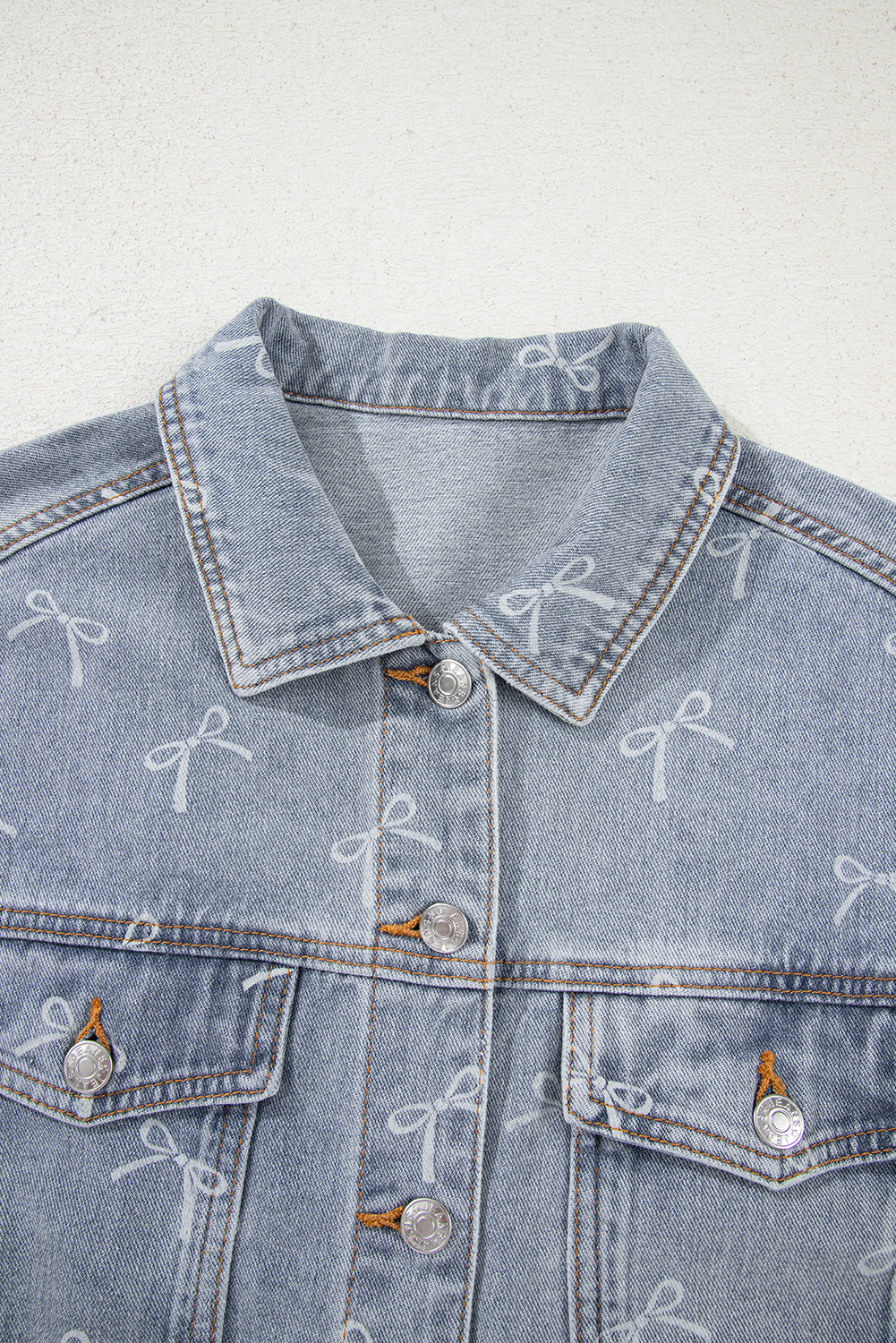 Sky Blue Bow Knot Print Light Wash Raw Hem Denim Jacket - loveforevers