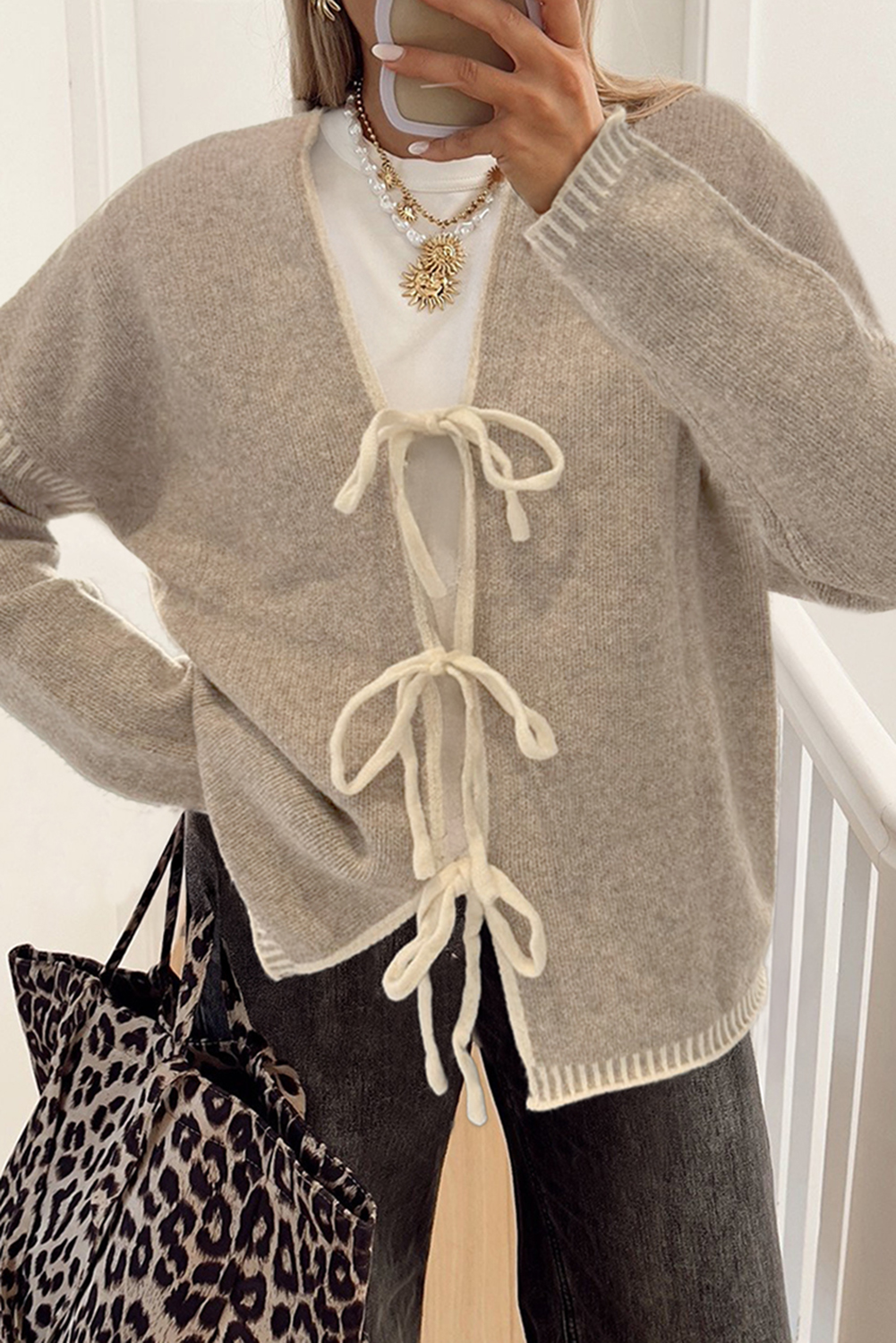 Pale Khaki Tied Front Drop Shoulder Chunky Casual Cardigan - loveforevers