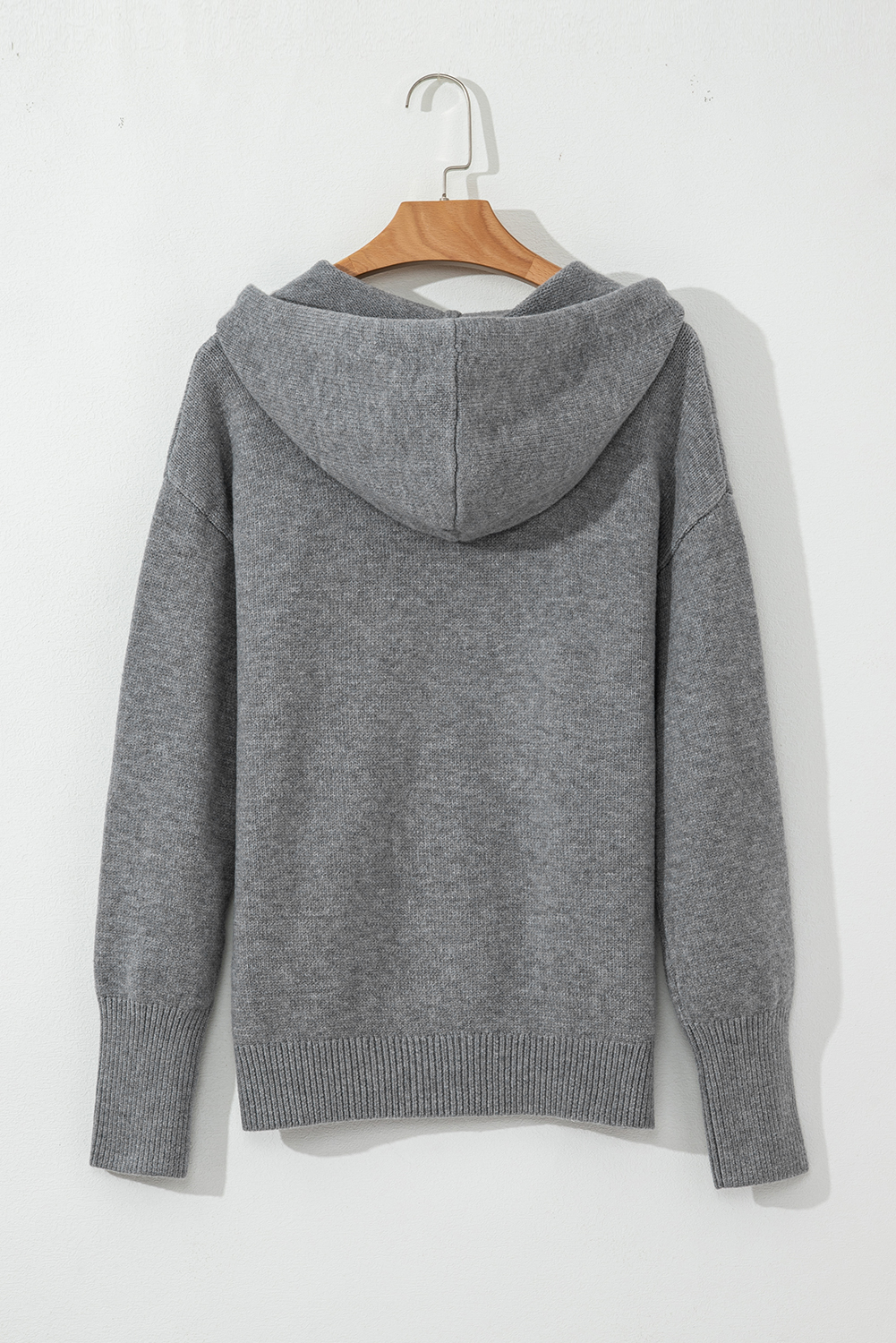 Medium Grey Drawstring Hooded Button Up Drop Shoulder Sweater Cardigan - loveforevers