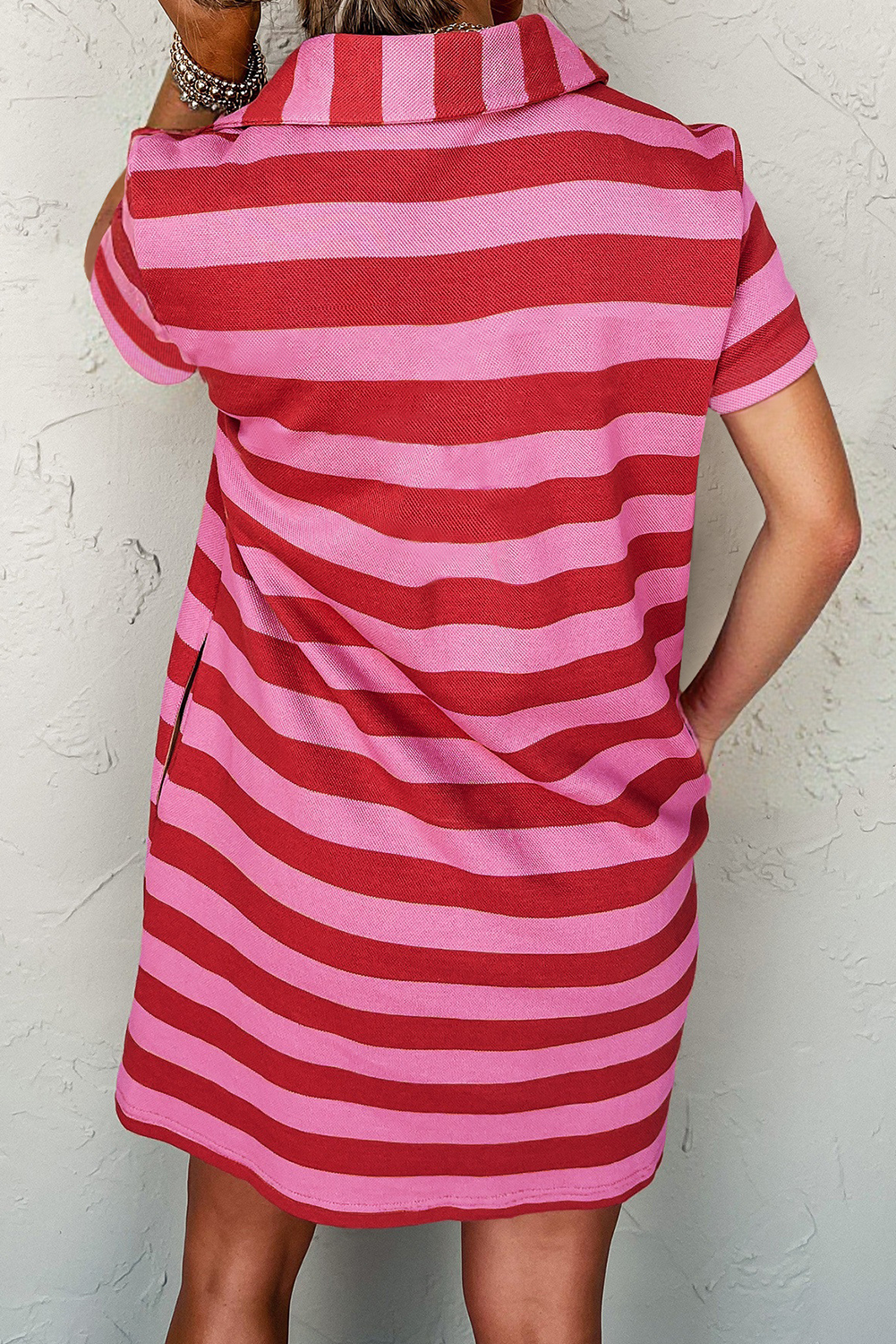 Red Stripe Textured Knit Collared V Neck Shift T Shirt Dress - loveforevers
