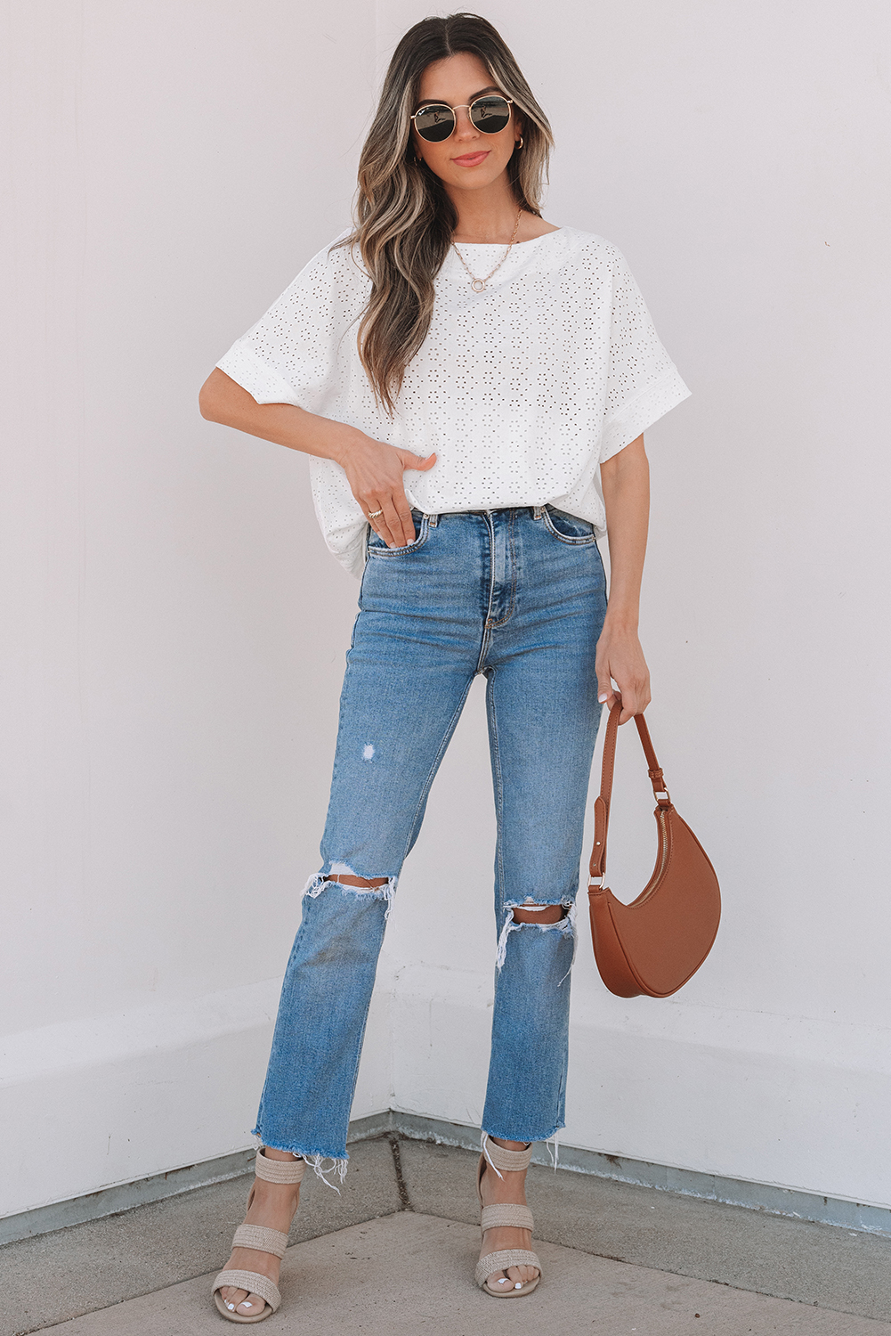 White Eyelet Pattern Boat Neck Casual Tee - loveforevers