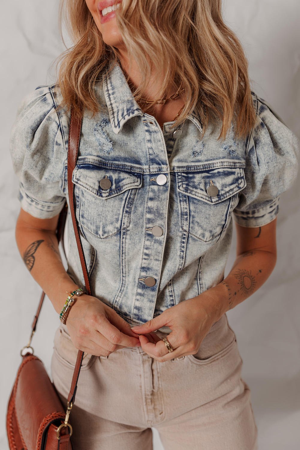 Beau Blue Light Wash Buttoned Chest Pocket Puff Sleeve Denim Jacket - loveforevers