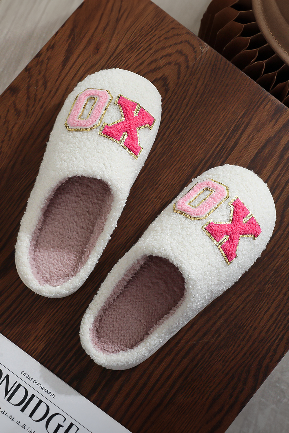 White XO XO Glitter Trim Letter Patched Plush House Slippers - loveforevers