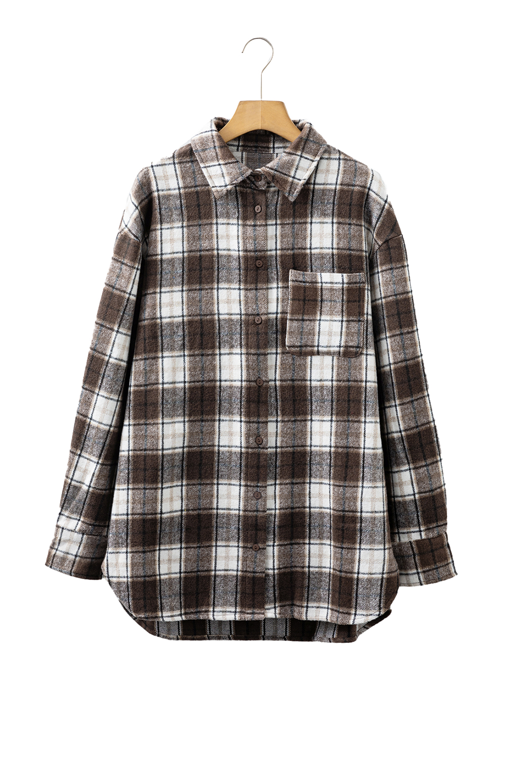 Dark Brown Flanel Plaid Single Chest Pocket Boyfriend Shacket - loveforevers