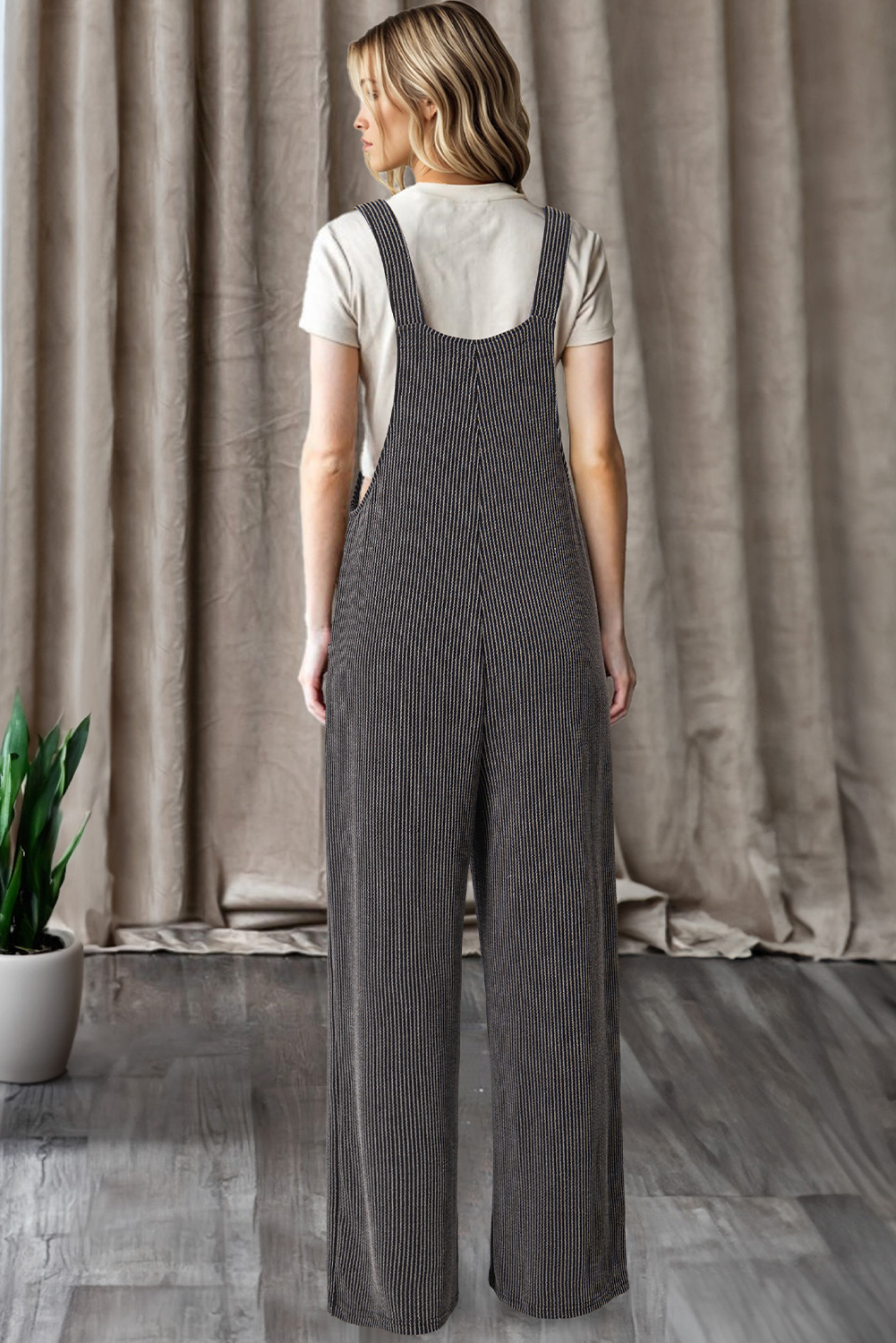 Dark Grey Ribbed Knit Patched Pocket Wide Leg Overalls - loveforevers