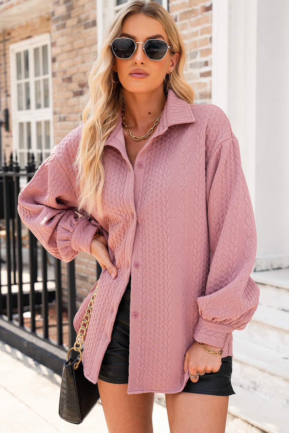 Sepia Rose Cable Texture Puff Sleeve Loose Shacket - loveforevers