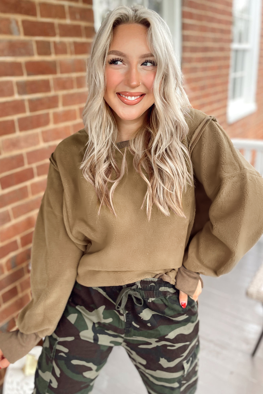 Dark Khaki Fuzzy Sherpa Splicing Pullover Sweatshirt with Side Slit - loveforevers