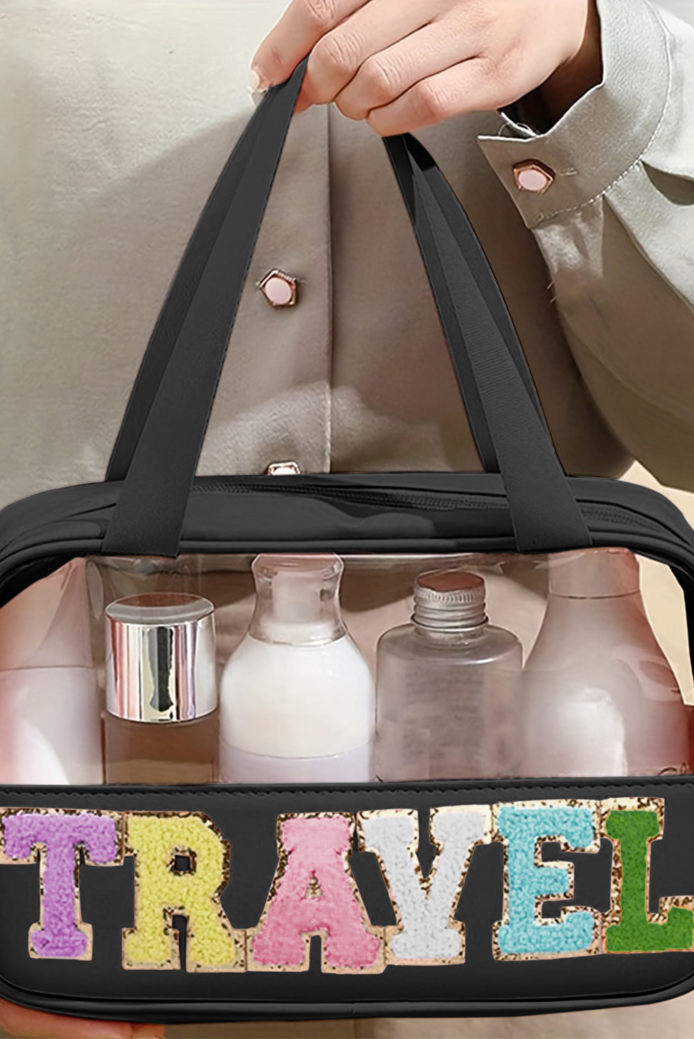 Light Pink TRAVEL Chenille Letter Clear PVC Makeup Bag - loveforevers
