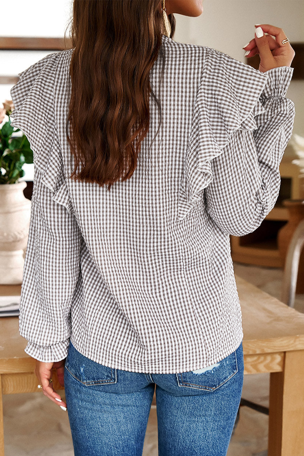 Brown Plaid Flounce Sleeve Notched Neck Ruffled Shirt - loveforevers