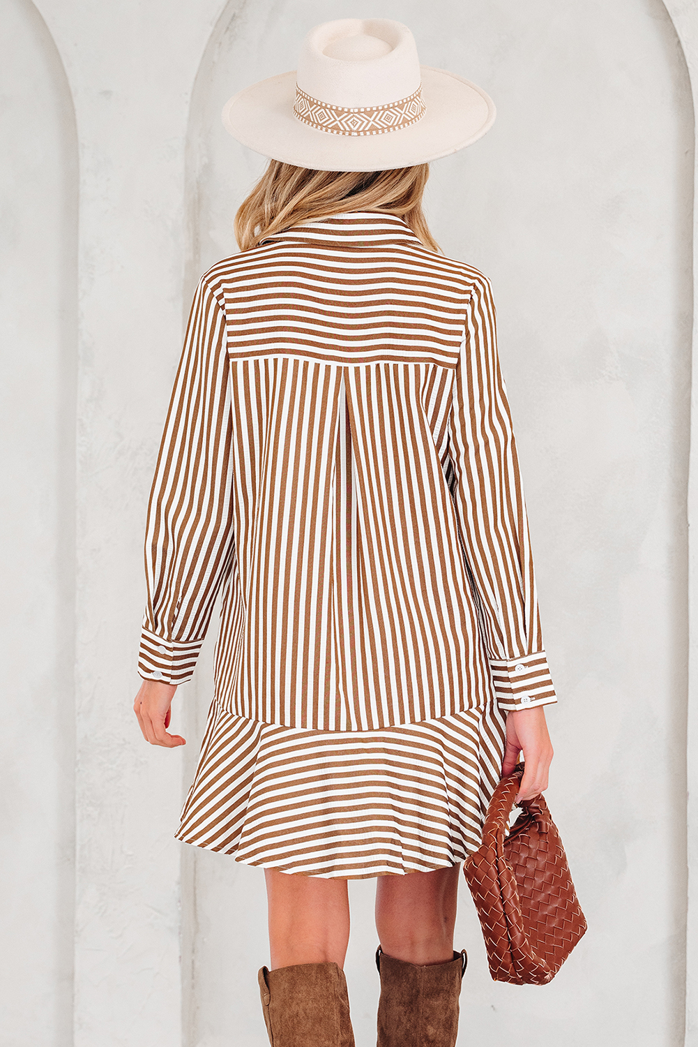 Brown Stripe Ruffled Hem Collared Long Sleeve Shirt Mini Dress - loveforevers