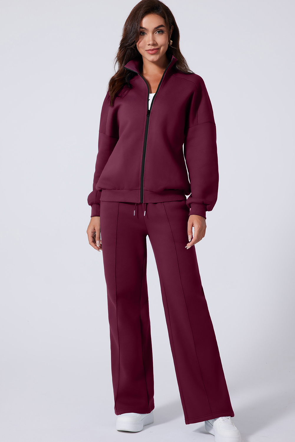 Navy Blue Drop Shoulder Zip Up Jacket Drawstring Pants Active 2pcs Set - loveforevers