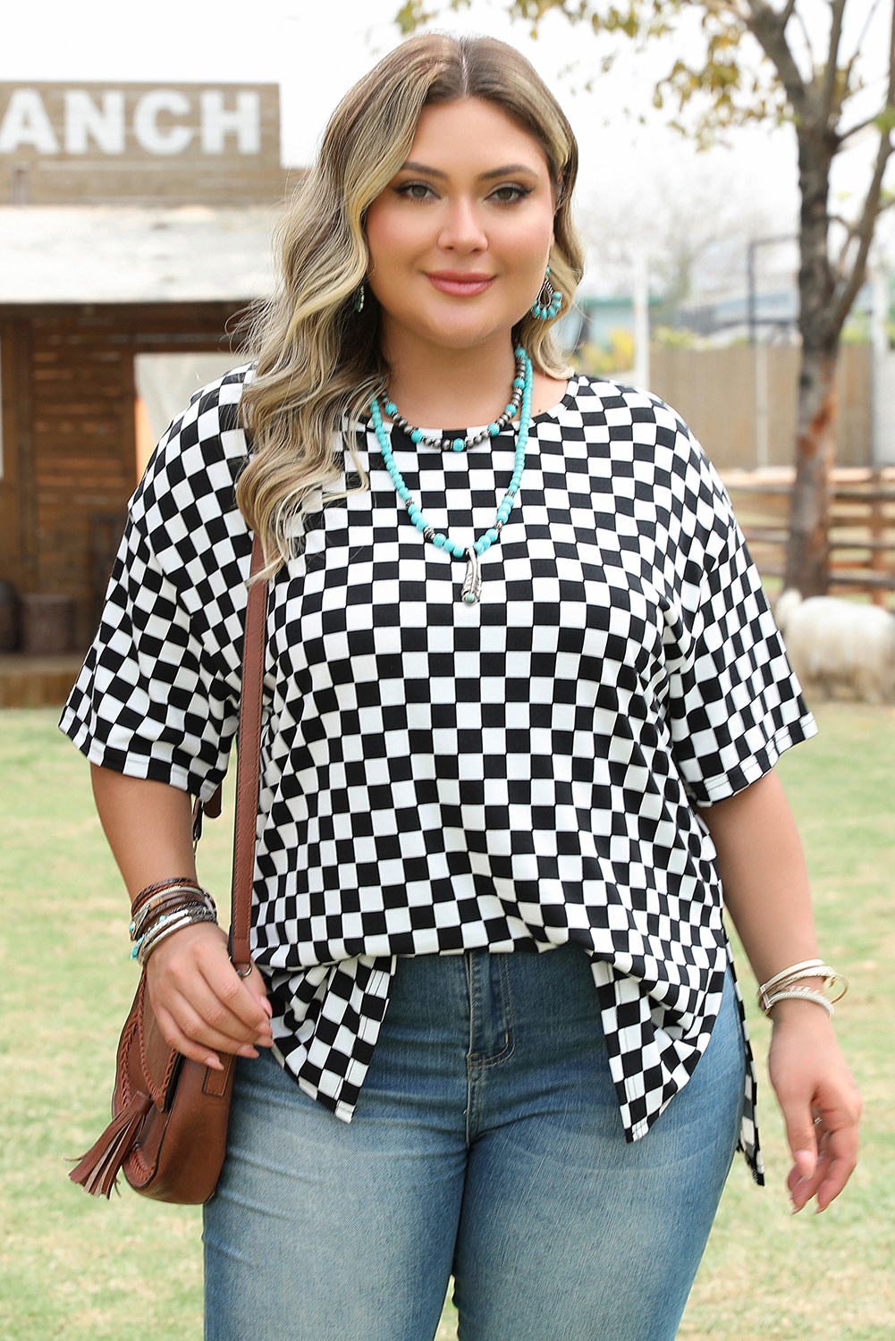 Black Checkered Print Side Slits O Neck Plus Size T Shirt - loveforevers