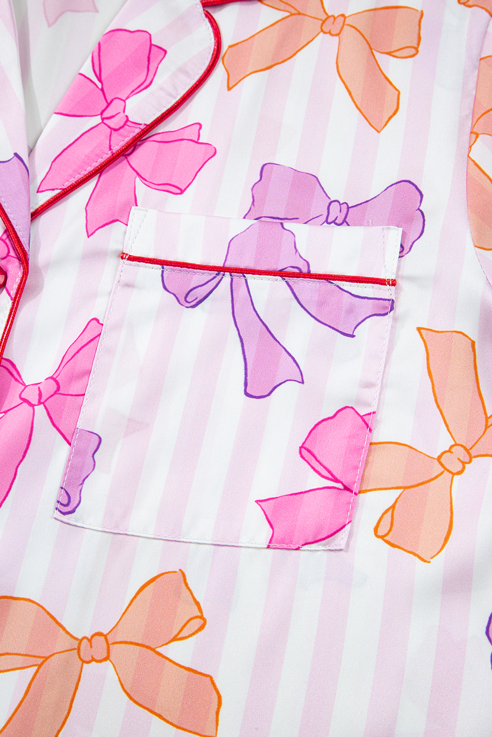 Pink Striped Bow Print Contrast Piping Trim Shirt and Pants 2pcs Pajama Set - loveforevers