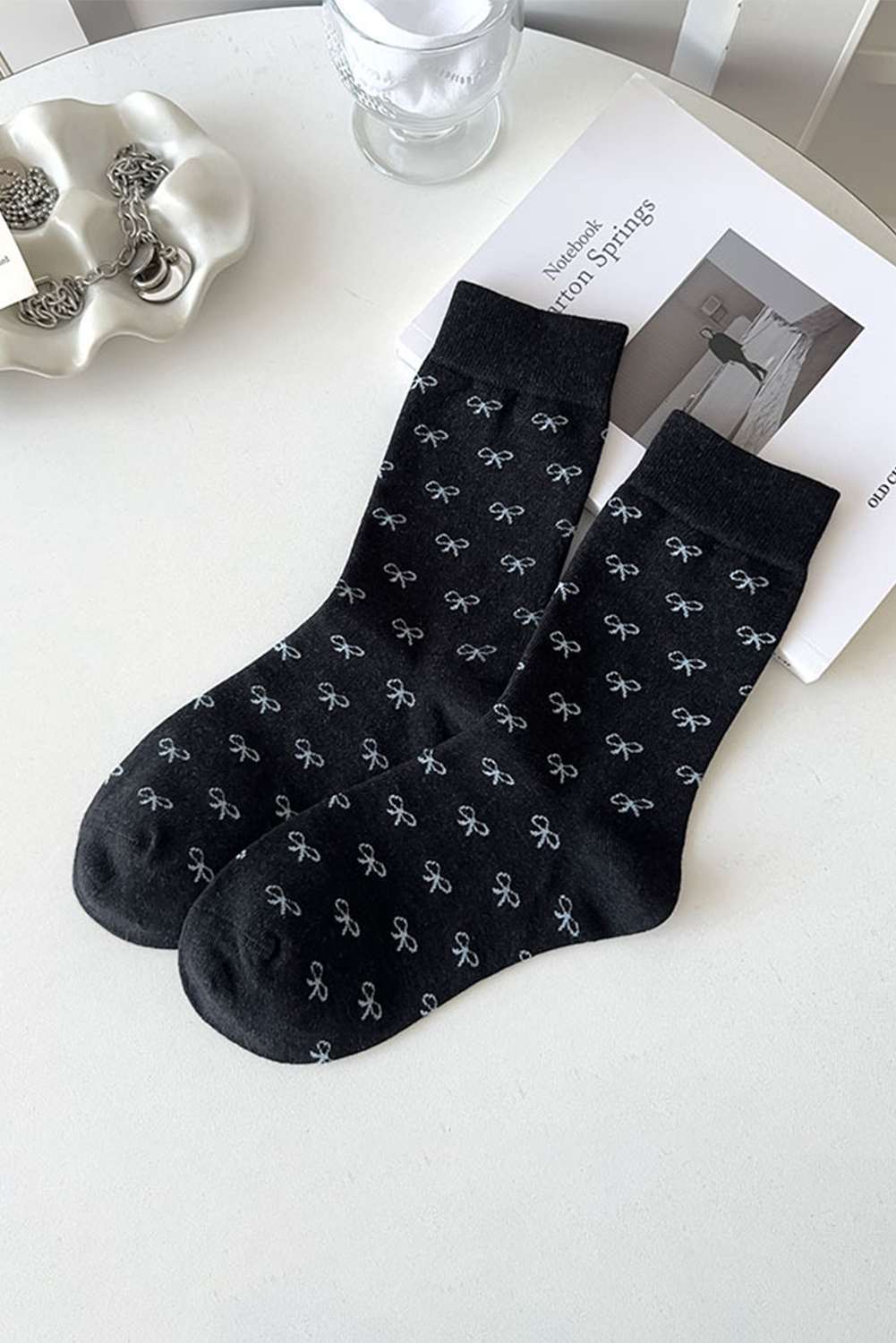 Black Bow Knots Ribbed Edge Crew Socks - loveforevers
