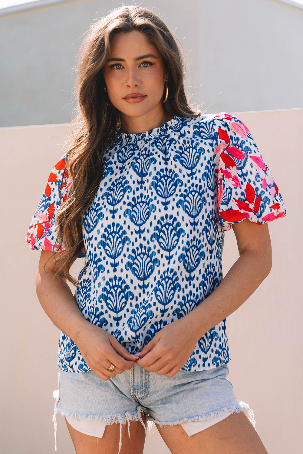 Blue Western Fashion Print Floral Puff Sleeve Frilled Neck Blouse - loveforevers
