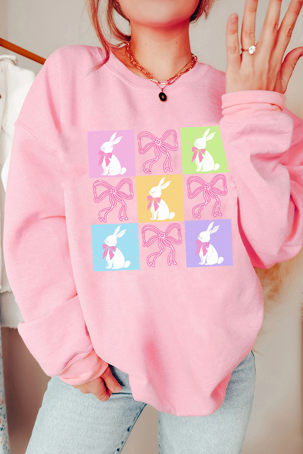 Pink Easter Bunny Bow Checkered Print Drop Shoulder Sweatshirt - loveforevers