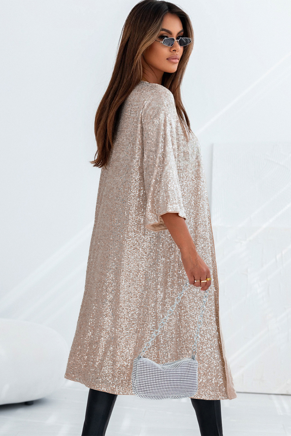 Apricot Sequin 3/4 Sleeve Open Front Duster Kimono - loveforevers