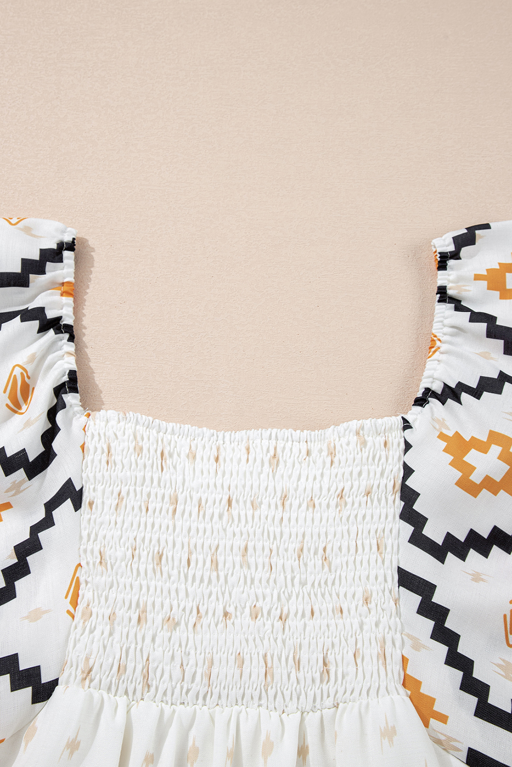 Beige Western Aztec Print Pleated Square Neck Loose Mini Dress - loveforevers