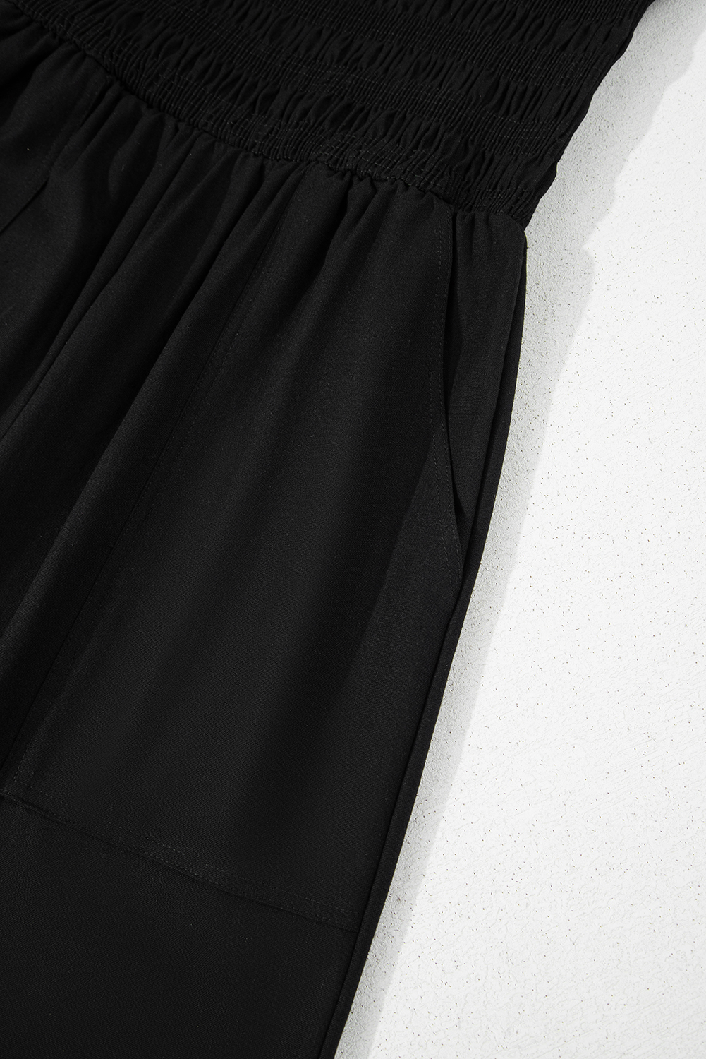 Black Spaghetti Straps Shirred Bodice Pocketed Wide Leg Jumpsuit - loveforevers